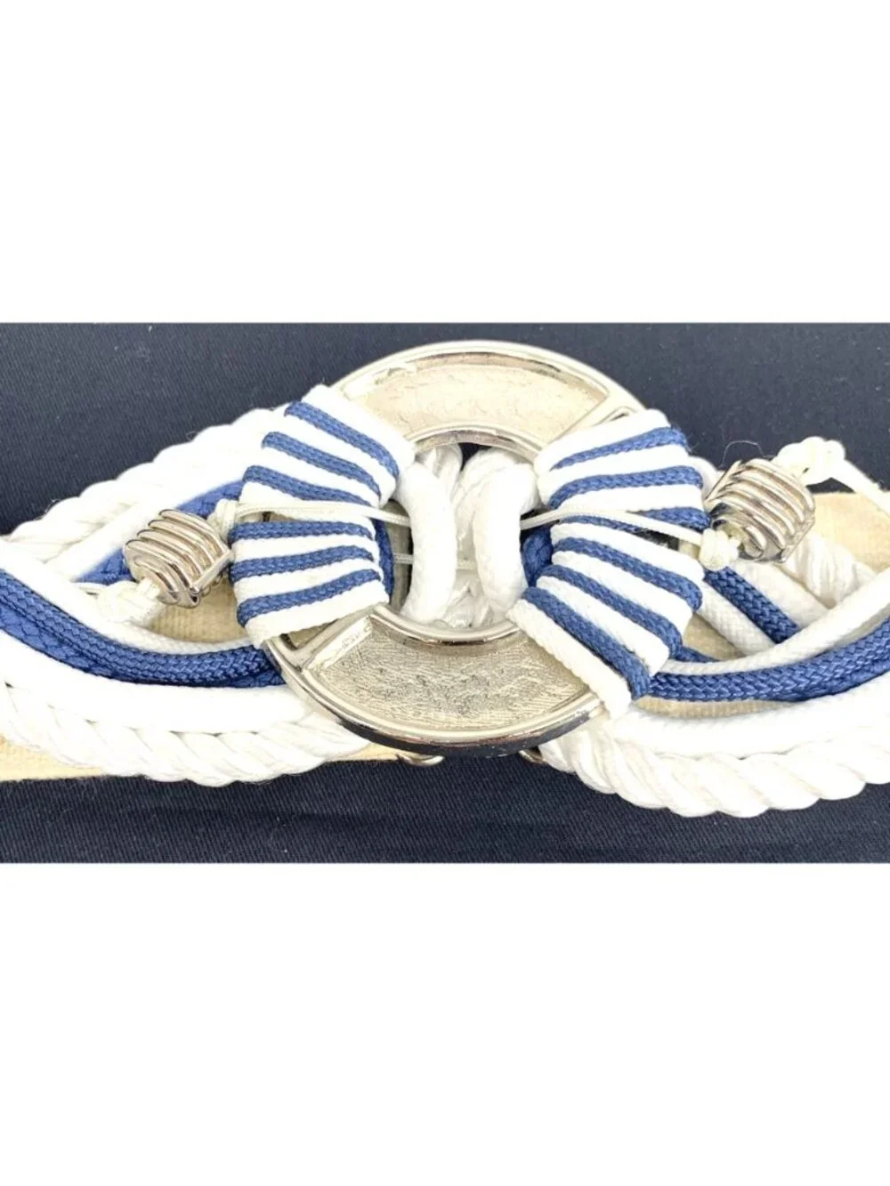 Rhea Belt Womens Braided Stretch Knot Waist Nautical Blue White Silver 26-29